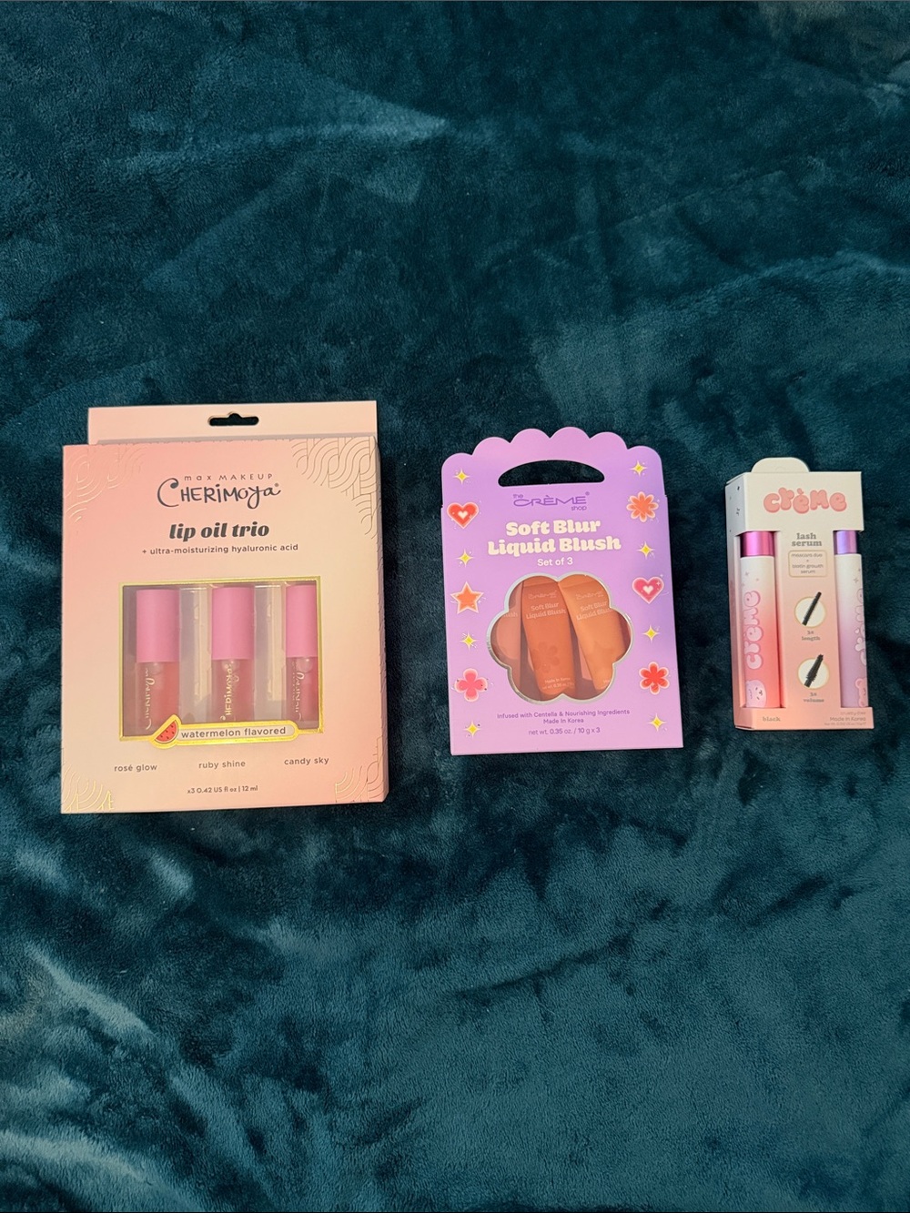 Cherimoya Lip Oil Trio + Soft Blur Liquid Blush Set + mascara duo